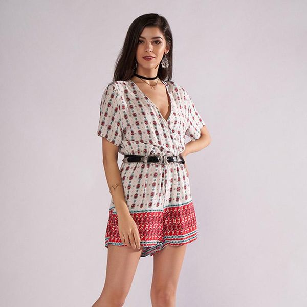 

women's jumpsuits & rompers design fashion ladies women v-neck folk printed playsuits casual loose short sleeve cotton breathable bodys, Black;white