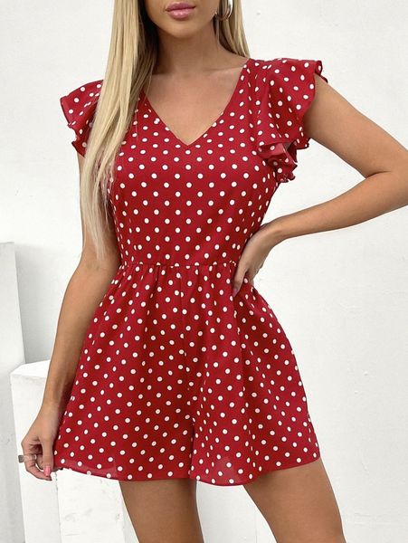 

butterfly sleeve polka dot romper w404#, White