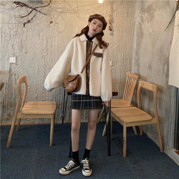 

women's wool & blends all-match thick stitching leopard print fleece lamb jacket 2021 winter korean women clothing, Black