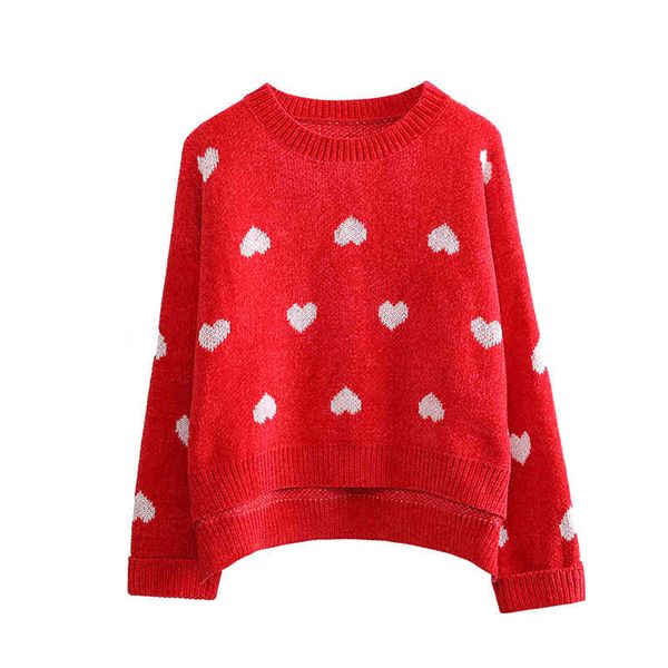 Frauen Pullover Gestrickte Pullover Langarm Weiß Rot Herz Druck O Neck Lose Winter M0064 210514