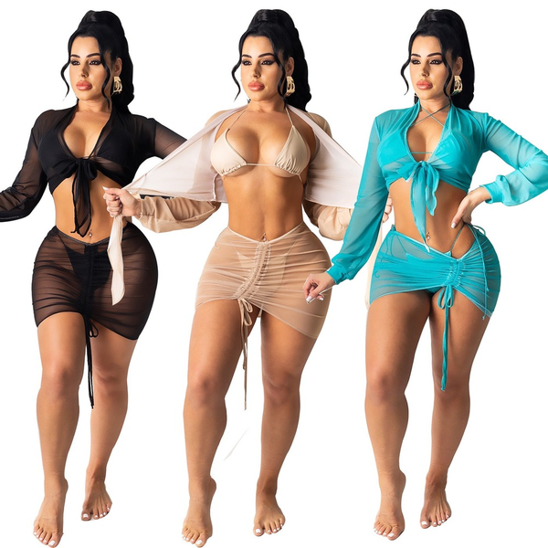 

mesh lace up swimsuit skirt sets 4pcs/sets long sleeve crop and dstring mini skirts women summer clothing swimwearby, Black;white