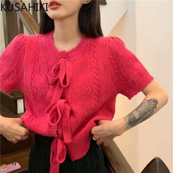 

kusahiki korean sweet bow tie cardigan sweater short sleeve o-neck knitted coat summer woman cardigans outerwear 6h739 210602, White