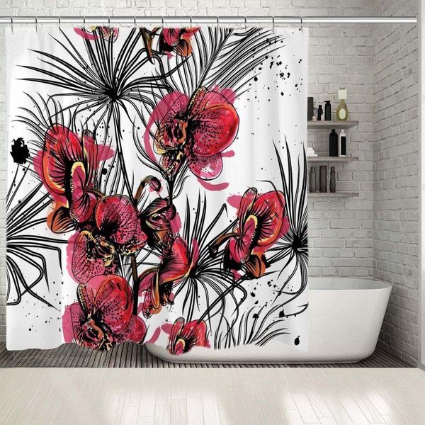 

shower curtains curtain orchid flowers and tropical palm leaves branches watercolor style artwork red black