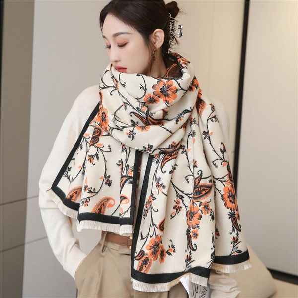 

scarves 2021 winter cashmere scarf pashmina floral printed female foulard shawls wraps lady warm blanket thick stoles, Blue;gray