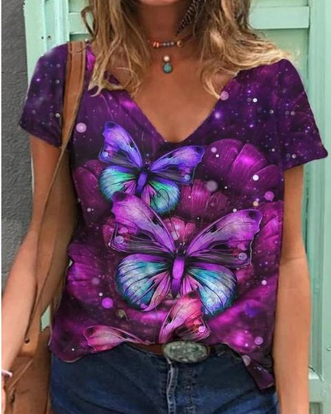 

summer harajuku tshirt large size women's clothing printed v-neck short-sleeved t-shirt turban tie-dye casual loose top, White
