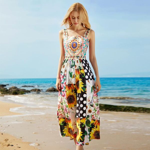 

casual dresses bohemian beach style runway fashion summer dress women's holiday elegant print patchwork diamond sling party long, Black;gray
