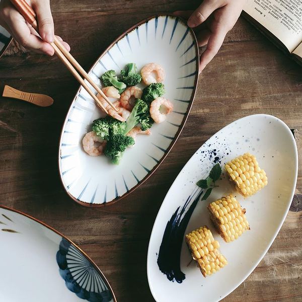 

dishes & plates japanese style hand-painted underglaze ceramic sushi plate oval dish dumpling serving platter dessert fish