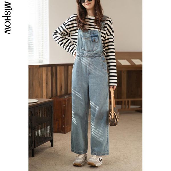 

spring jeans jumpsuits streetwear pants loose trousers large pocket demin overalls female bottoms mx21a2919 women's, Blue
