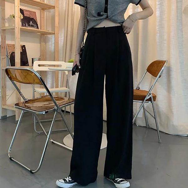 

women's pants & capris women loose fashion high waist thin wide leg trousers ladies simple solid casual korean style streetwear pantalo, Black;white
