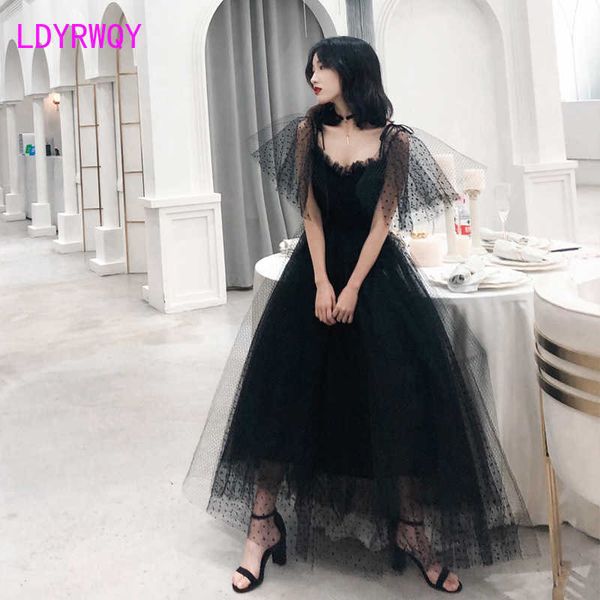 

suspenders open back black retro thin party gauze fluffy dress zippers ankle-length solid short office lady 210603, Black;gray