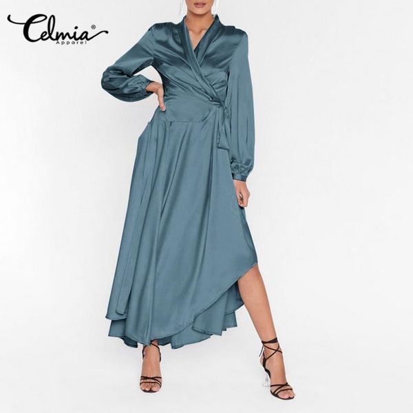 

casual dresses elegant satin dress celmia 2021 fashion women long sleeve solid color office vestidos spring bandage party sundress, Black;gray