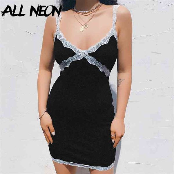 

allneon e-girl y2k spaghetti strap v-neck black camis dresses 90s vintage chic criss-cross with lace ribbed mini party dress, Black;gray