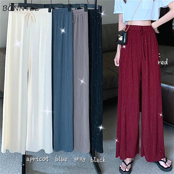 

wide leg pants women korean summer drawstring elegant all-match chic sequins womens trousers leisure soft ladies pant 5 colors women's, Black;white