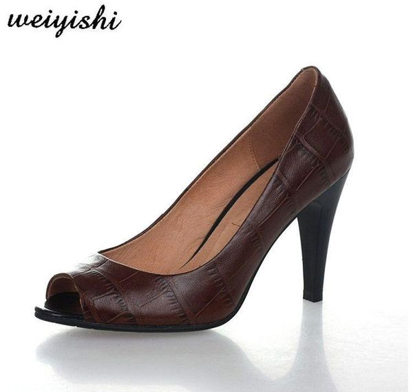 

weiyishi 2021 brown stone pattern cowskin office lady sandals women's thin heel genuine leather shoes dress, Black