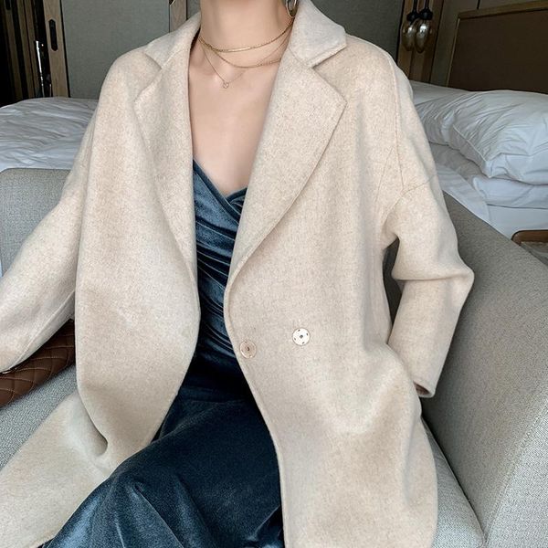 

women's wool & blends loose medium and long double-sided tweed coat autumn winter large cashmere, Black