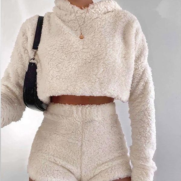 

knitted casual two piece set womens pants short hoodie winter solid tracksuit autumn soft warm suit, White