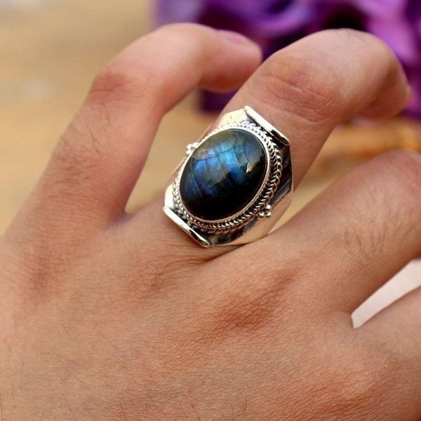 

wedding rings large antique jewelry 925 sterling silver natural gemstone labradorite ring engagement size 6 - 10, Slivery;golden