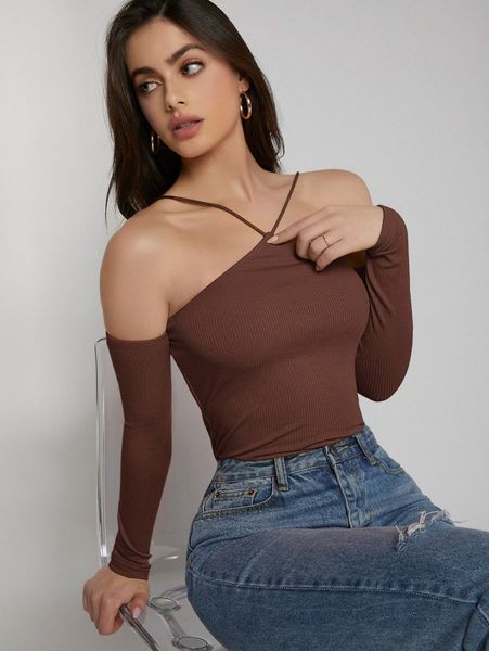 

halter off shoulder rib-knit tee q1vz#, White