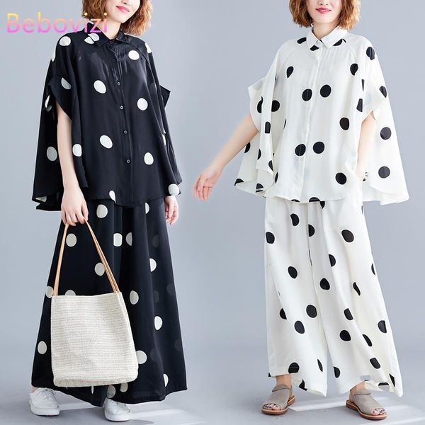

women's two piece pants fashion 2021 loose black white waves women pant sets retro summer blouse + cropped suit
