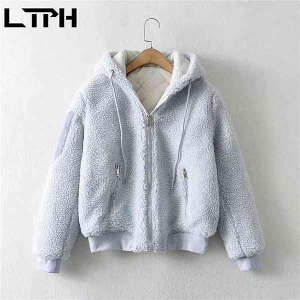 

ltph casual simple solid color imitation lambswool jacket coat hooded thicken warm woman parkas short outerwear winter 210423, Black