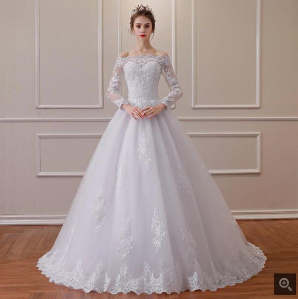 

2021 new arrival white tulle ball gown wedding dresses beaded lace appliques princess puffy long sleeve bridal gowns illusion back fashion b