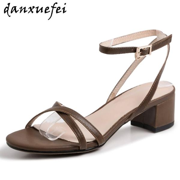 

dress shoes 3 color plus size 43 women's genuine leather ankle strap thick high heel sandals open toe narrow band cross summer, Black