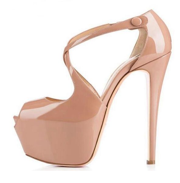 

peep toe platform pumps 2021 cross-tied high heel shoes for woman gradient color patent leather dress heels, Black