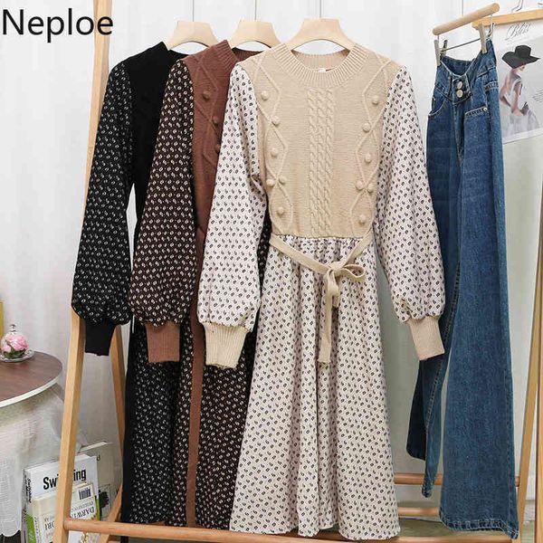 

neploe patchwork lnitted ribbed dress slim waist lace up floral vestidos o-neck long sleeve vintage robe dresses for women 4g305 210422, Black;gray