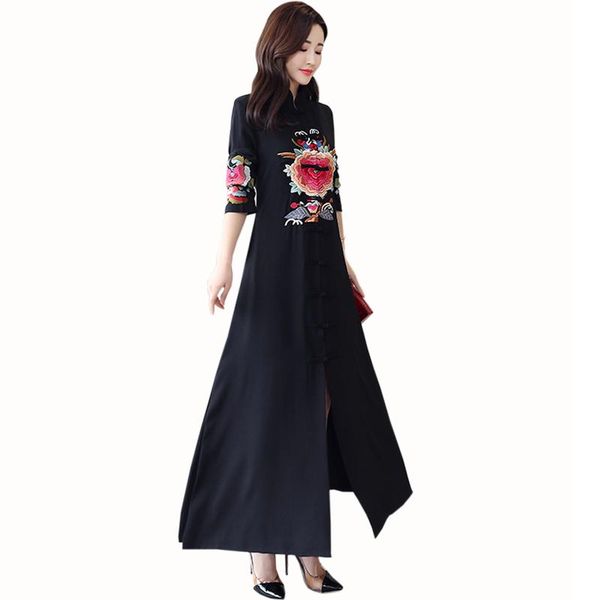 

casual dresses 2021 spring and autumn chinese style long dress women vintage embroidery sleeve ankle-length women's clothing, Black;gray
