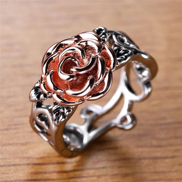 

wedding rings antique rose gold flower ring female vintage fashion hollow boho silver color for women jewelry promise bands, Slivery;golden