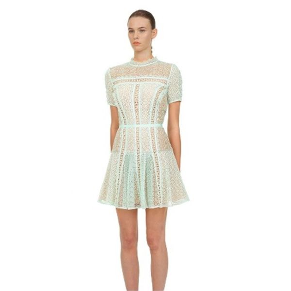 

summer elegant light green lace dress women 2020 casual o-neck short sleeve a-line mini dress, Black;gray