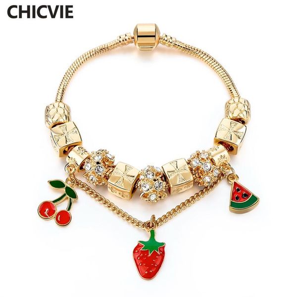 

charm bracelets chicvie 2021 strawberry watermelon cherry fruit bangles designs for women gold crystal bracelet sbr160249, Golden;silver