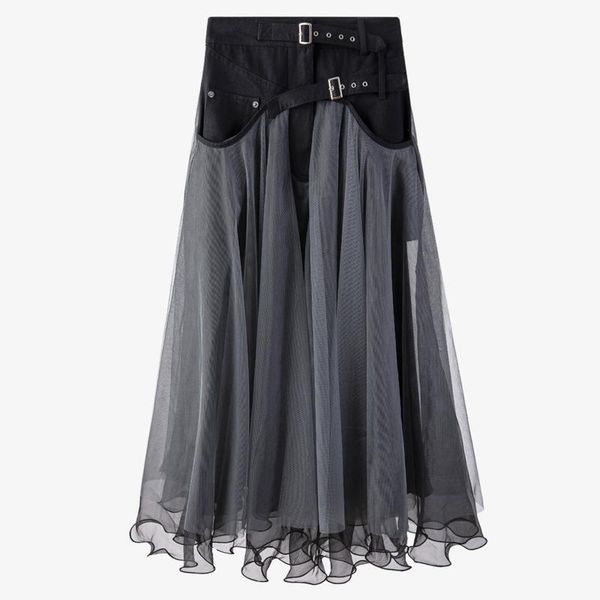 

skirts women skirt denim stitching mesh maxi retro black long all match loose high waist spring 2021 c791