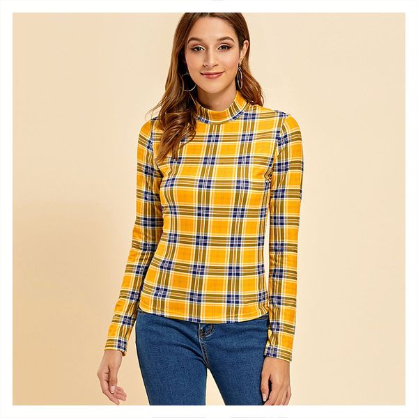 

t shirts plaid long-sleeved pullover t-shirt slim-fit bottoming shirt 2021 fashion style, White