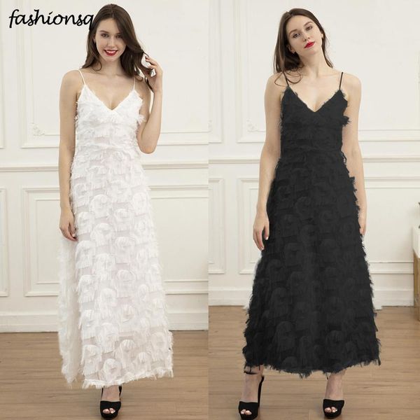 

celebrity party white feather dress v neck sleeveless luxury maxi black summer long casual dresses, Black;gray