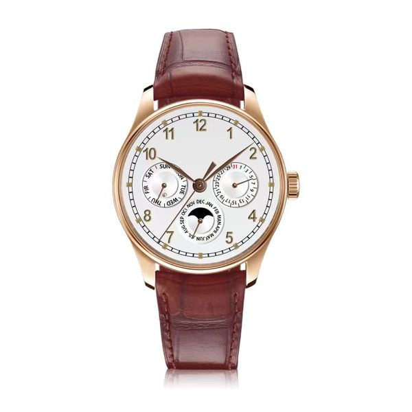 

new perpetual calendar automatic mechanical watch 42mm iw344205 white dial moon phase rose gold case brown leather strap portugal requin bra, Slivery;brown