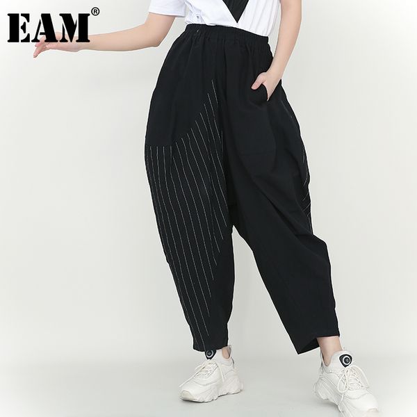 [EAM] Primavera Autunno Alta Elastico In Vita Nero A Strisce Grande Tasca Gamba Larga Pantaloni Allentati Pantaloni Donna Moda JT13801 21512