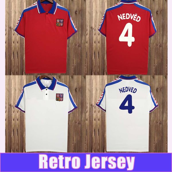 

1996 czech republic retro soccer jersey #4 nedved #18 novotny #8 poborsky home red away white football shirt, Black;yellow