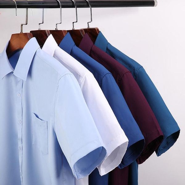 

men's casual shirts summer short sleeve bamboo-fiber silk solid dress stretch formal business standard-fit easy care office top, White;black