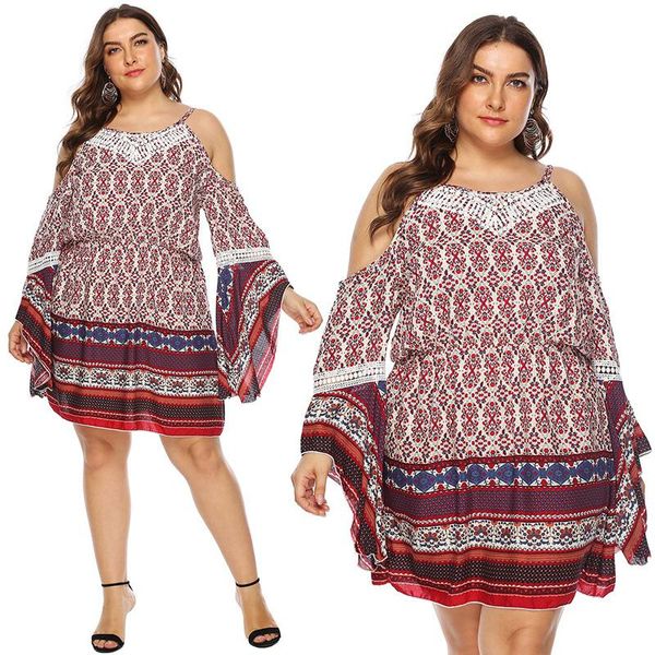 

casual dresses fashion women plus size dress off shoulder spaghetti strap flared long sleeve oversize boho vintage mini party y, Black;gray