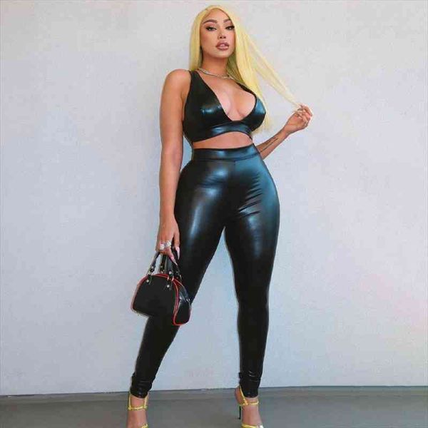 

sleeveless black pu leather y2k bra leggings two piece matching sets female bodycon streetwear tracksuits, White