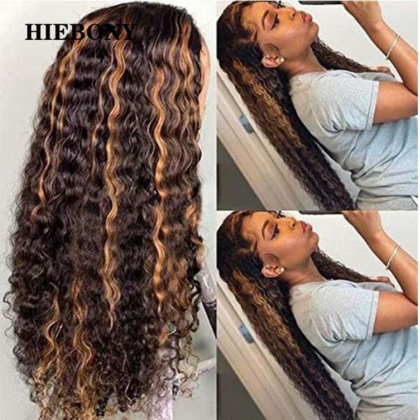 

deep wave highlight lace front human hair wigs with baby brazilian 13x6 curl pre plucked hairline, Black;brown