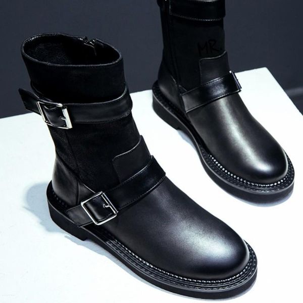 

boots fashion motorcycle women vintage genuine leather flat ankle autumn winter buckle strap platform snow booties sapato, Black