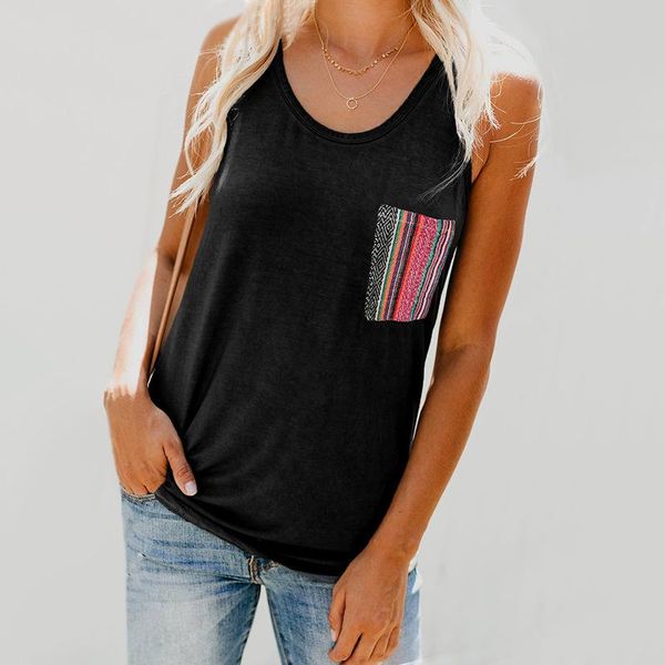 

women's tanks & camis tank women casual o neck sleeveless stripe pocket decor loose black vest 2021 summer ladies plus size pullover t, White
