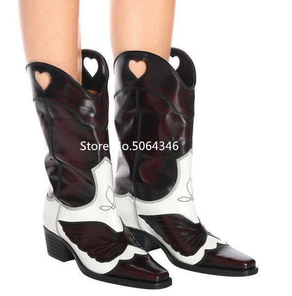 

boots retro mid-calf hollow mixed color women square toe slip-on chunky heel european design autumn/winter long western, Black