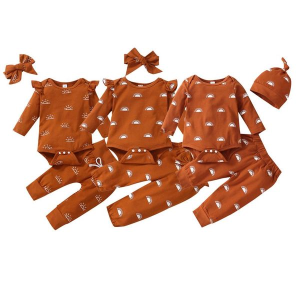 

clothing sets 3pcs born baby girls boys sun print outfits suit cute autumn toddler long sleeve playsuit+trousers+knotted cap set, White