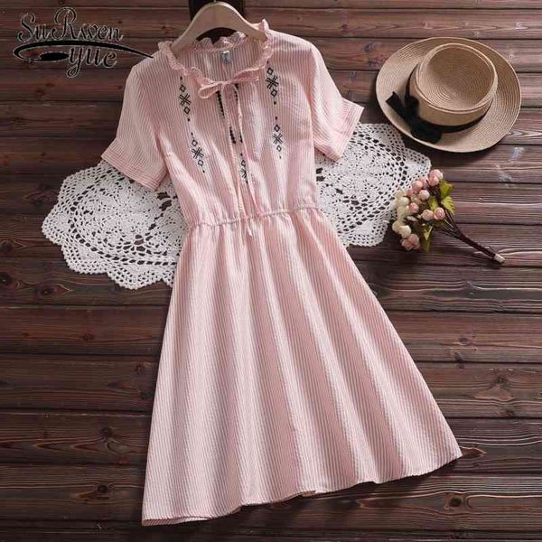

striped embroidered short sleeve dress summer women bow a line blue and orange ruffled 4162 50 210521, Black;gray