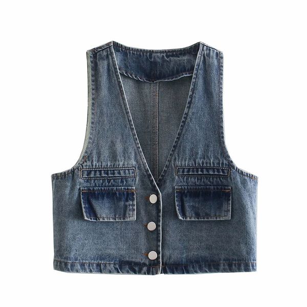 BBWM Gilet in denim primaverile Donna Casaul sbiancato monopetto in twill sciolto levigato Top corto femminile 210520