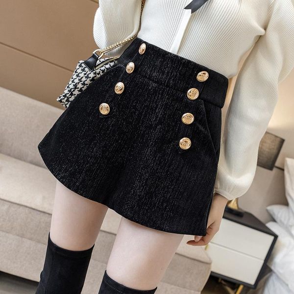 

women's shorts 2021 england style double breasted high waist women autumn winter woolen office lady black, White;black