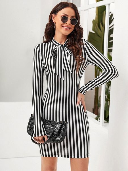 

vertical stripe tie neck bodycon dress 04jw#, Black;gray